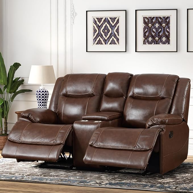 EBELLO Genuine Leather Manual Loveseat Recliner Reclining Sofa Chair with Cup Holder Hidden Storage Couch Set for Living Room Bedroom FurnitureMeeting Room Brown (Loveseat)