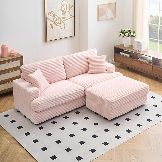 82 Inches Corduroy Square Arms Loveseat Sofa with One Storage Ottoman Comfy Deep Seat Modular Sectional Futon Couch with 4 Throw Pillows for Living Room Bedroom Office (Pink)