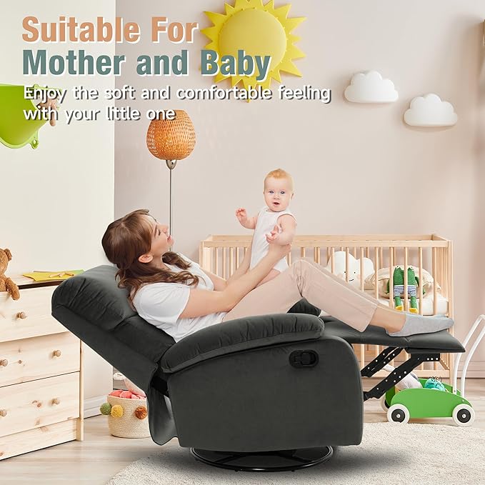 Swivel Rocker Recliner for Adults Rocking Small Recliner Chair for Small Spaces Glider-Nursery Rocking Chair for Living Room RV Nursery Bedroom Grey