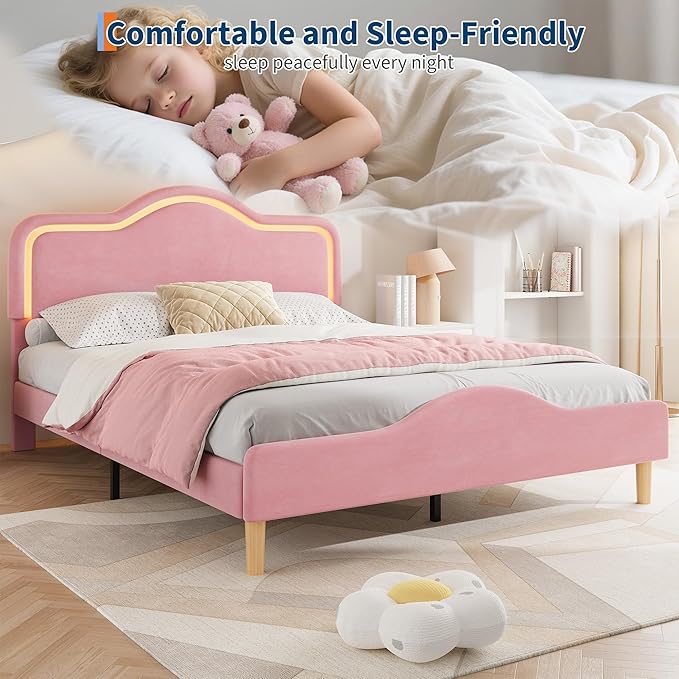 IDEALHOUSE Queen Size Bed Frame with LED Lights Velvet Upholstered Platform Bed with Adjustable Headboard for Kids/Girls Wooden Slats Support No Box Spring Needed Pink