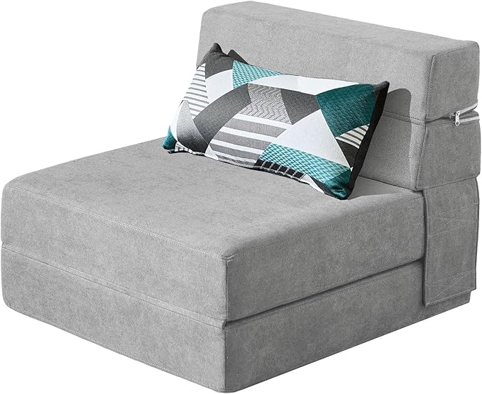 ANONER Folding Sofa Bed Couch Memory Foam Fold Out Chair Bed with Pillow Single Size Convertible Sofa Bed Futon Sleeper Chair Light Gray
