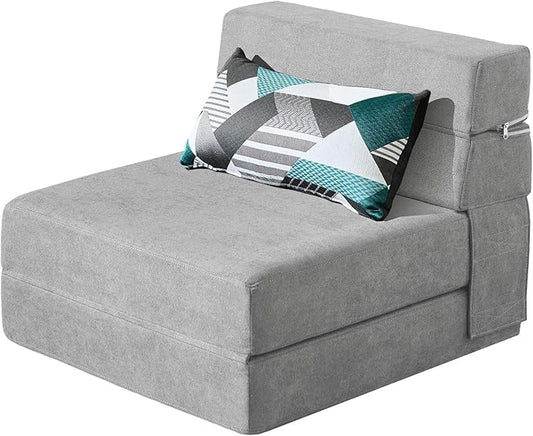 ANONER Folding Sofa Bed Couch Memory Foam Fold Out Chair Bed with Pillow Single Size Convertible Sofa Bed Futon Sleeper Chair Light Gray