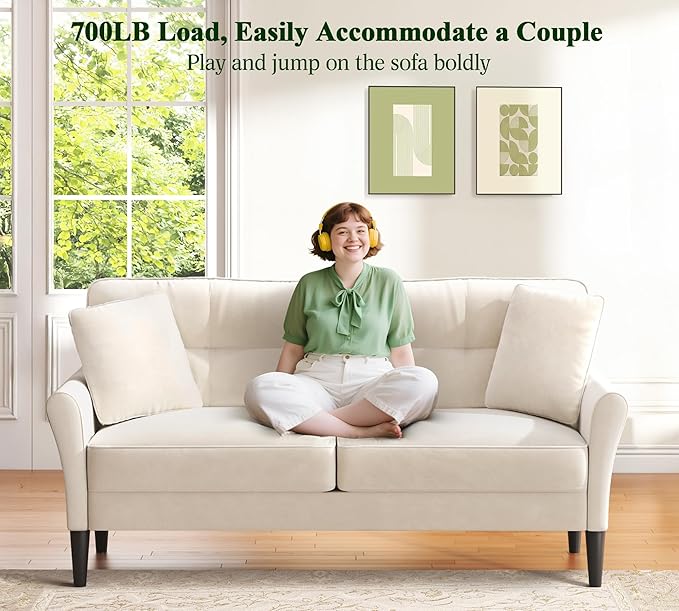 Loveseat Sofa 69 Love Seat Couches Comfy Velvet Small Sofa Couch for Bedroom with 2 Pillows Tool-Free Setup Sofas &amp Couches 700lb Load Sofas for Living Room Mini Couch for Bedroom White Cou