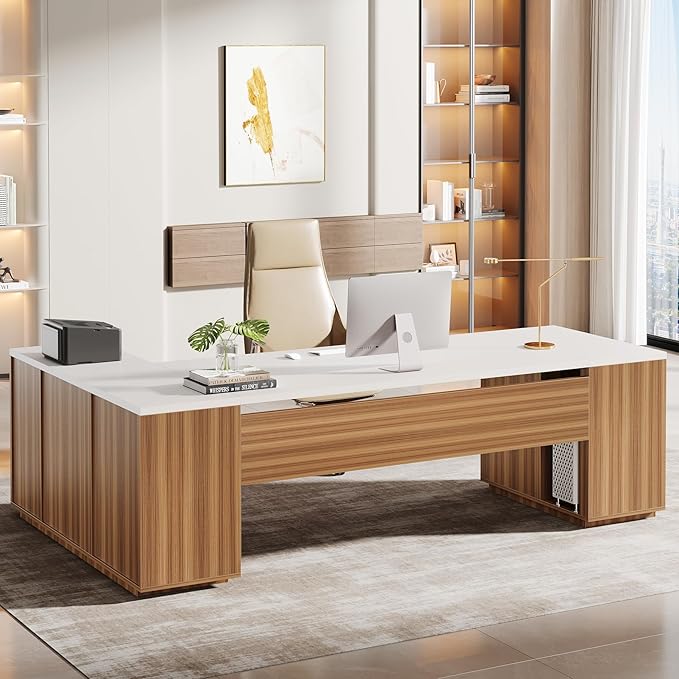 Tribesigns 85.8-Inch L-Shaped Executive Desk Extra Large Modern Office Desk with File Drawers Door Cabinet &amp Shelves Commercial Office Table Home Business Workstation White &amp Brown
