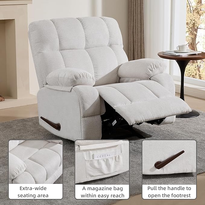 Oversized Rocker Recliner Chair Overstuffed Extra Wide Manual Rocking Recliner Adults Chair for Big Man Reclining Sofa Chairs for Living Room Beige