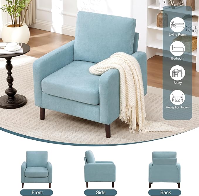 Accent Chair for Living Room Modern Reading Chair for Bedroom Upholstered Armchair with Wood Legs and Side Pockets Single Sofa Side Chair for Office Small Room Apartment Teal Green