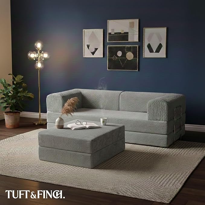 TUFT&ampFINCH 82 Folding Convertible Sofa Bed – 5 in 1 Modular Corduroy Boneless Couch for Living Room Pet-Friendly Cloud Couch Removable Washable Covers CertiPUR US Foam - Light Grey