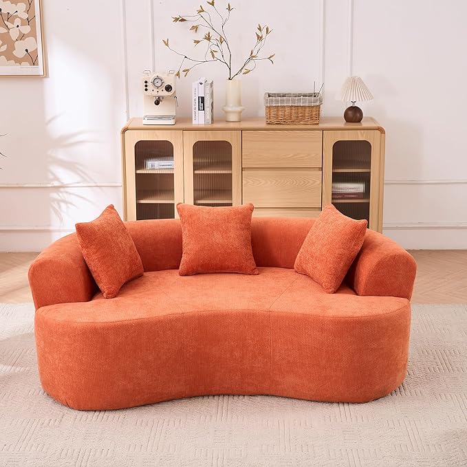 KEIKI 79 Modern Crescent Sofa for Entertainment Rooms Deep-Cushion Low-Back 3-Seater with Self-Inflating Foam No-Assembly Chenille Couch for Movie Nights &amp Gaming Comfort
