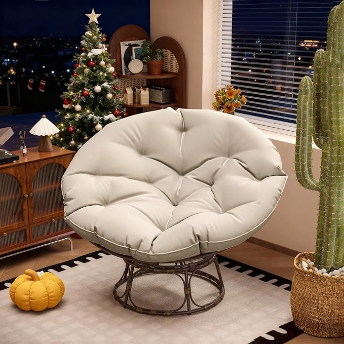 46'' Large Size Papasan Chair (Non-Swivel) with Cushion and Frame Lazy Circle Round Chair for Bedroom and Living Room Beige