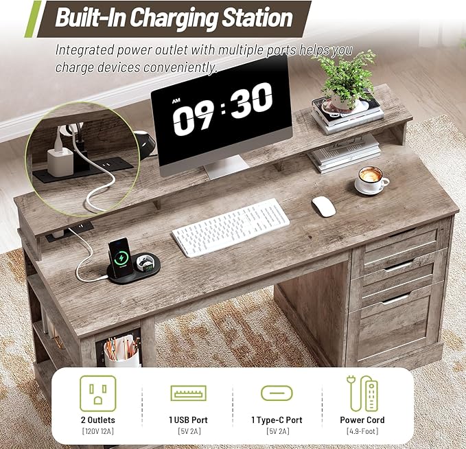 55-Inch Farmhouse Executive Desk with 2 Drawers and File Cabinet Computer Desk with 3-Tier Storage Shelves Home Office Desk with Charging Station Pegboard and Monitor Shelf Gray