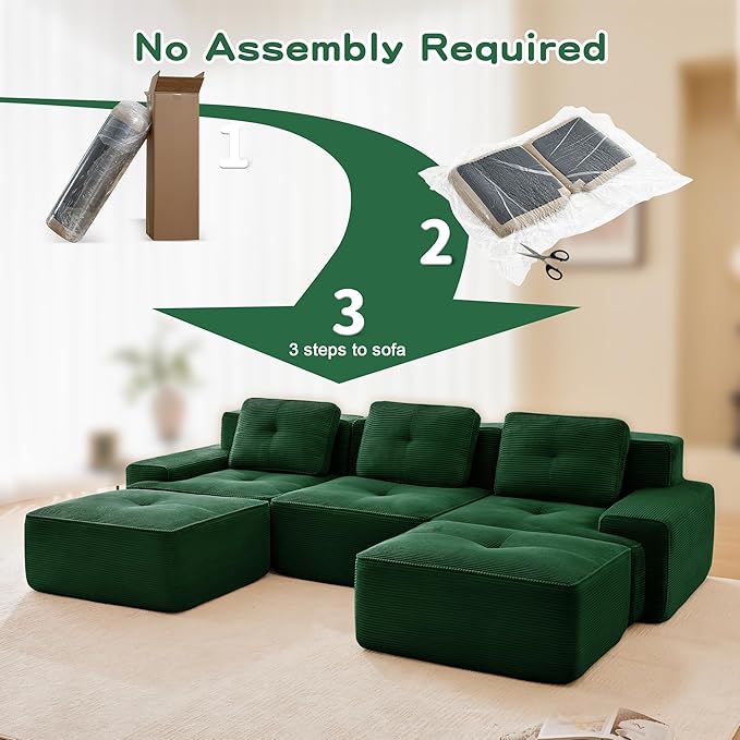  117 U Shaped Modular Boneless Sofa Couch for Living Room Green Sectional Large Sofa with Corduroy Fabric 3-Seater Tufted Couch with Deep Seat and Movable OttomanNo Assembly