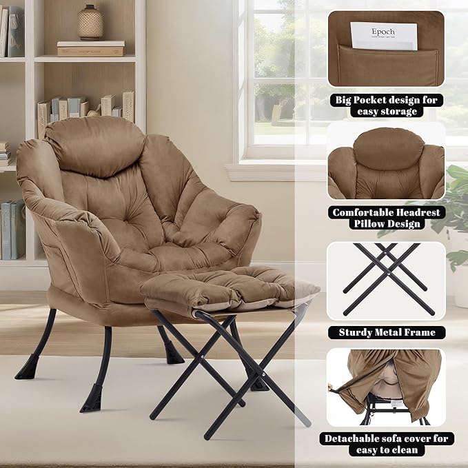 Lazy Chair with Ottoman Comfy Accent Lounge Chair with Side Pocket Modern Reading Armchair with Footrest Upholstered Sofa Chair for Small Spaces Bedroom Living Room Dorm Brown