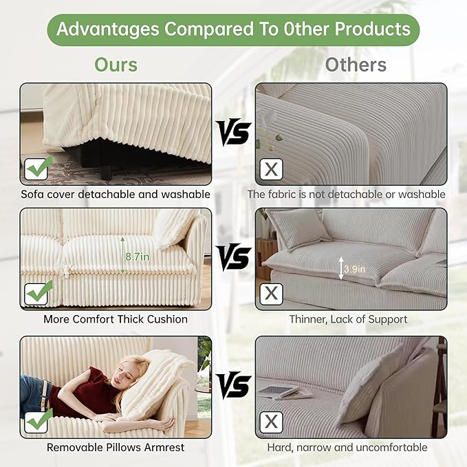 Modular Accent Armchair with Ottoman and Pillows Soft Corduroy Lounge Chair for Living Room Bedroom or Reading Nook – Oversized Chaise Lounge Design (White Single Chair)