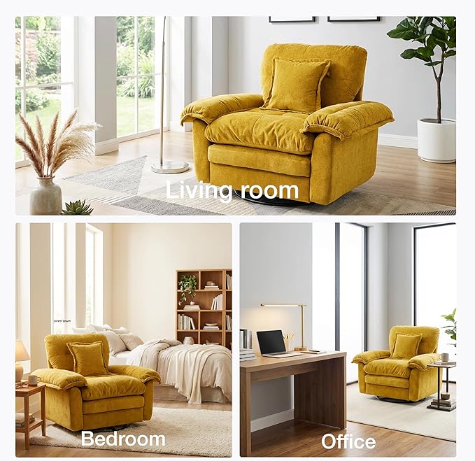 360° Swivel Accent Chair Oversized Plush Modern Chenille Armchair with Padded Seat &amp Back Comfy Spinning Chair for Living Room Bedroom Office (Yellow)