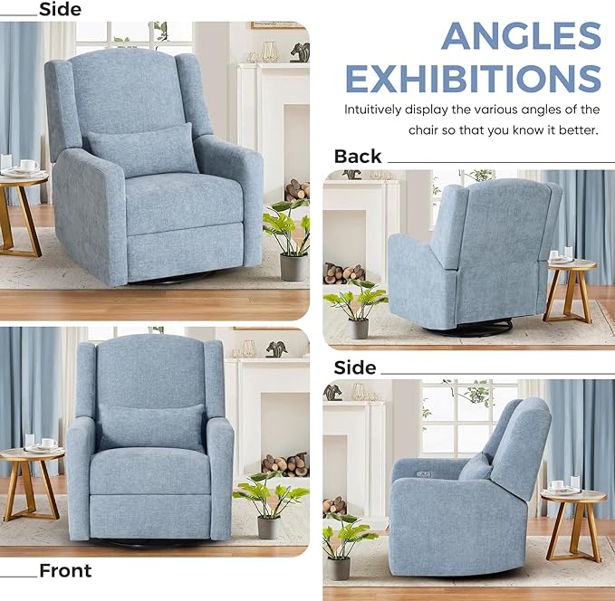 Power Recliner Chair Swivel Glider Large Rocker Recliner w/USB Charging Port Chenille Upholstered Nursery Glider for Bedroom NurseryLiving Room Set of 2 Blue