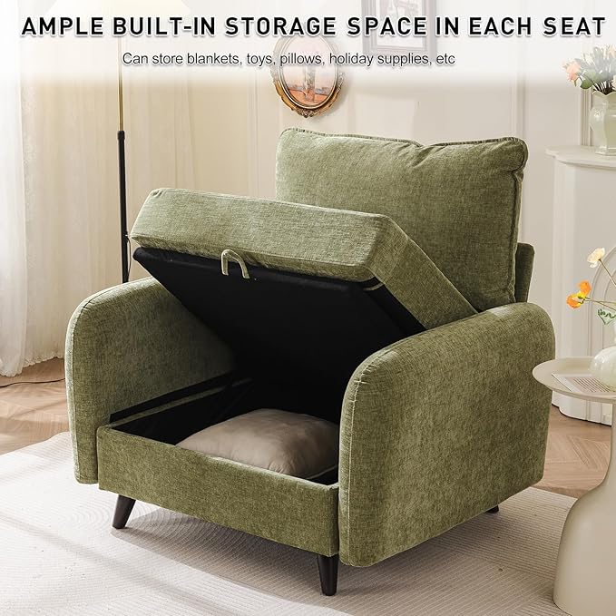 Oversized Accent Chair with All Seats StorageComfy Living Room Chairs with 2 Throw PillowUpholstered Mid-Century Armchair24.5'' Deep SeatReading Chair for BedroomOfficeChenilleGreen