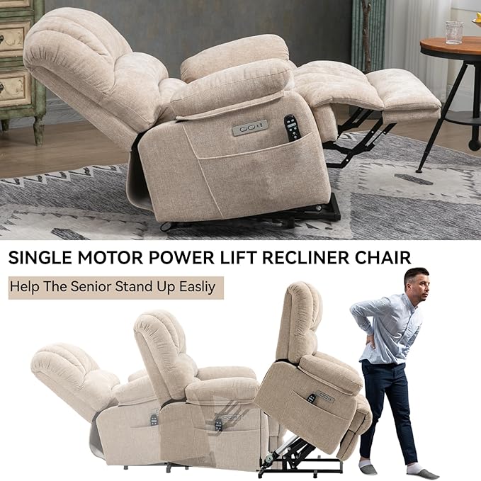 Power Lift Recliner Chair for Elderly with Heat Function 8 Node Massage with 3 Modes Silent Operation Oversized Electric Lift Recliner Single Sofa for Living Room with USB Charging Beige