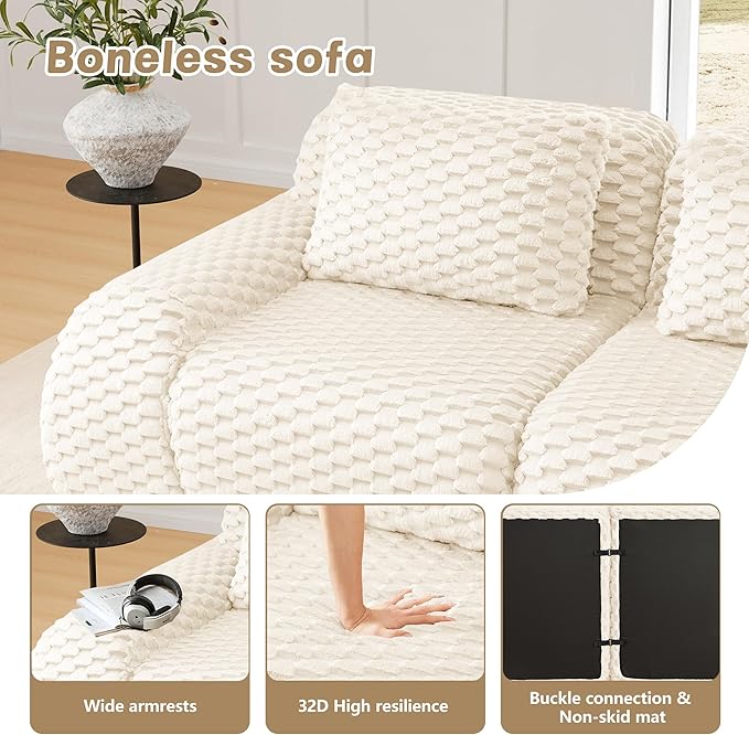 82'' Boneless Couch Modular Sectional Sofa Small L-Shaped Couch with Buckle Connection Anti-Slip Design Flannelette Fabric Couches for Living Room (Cream 2 Seat + 1 Ottoman)