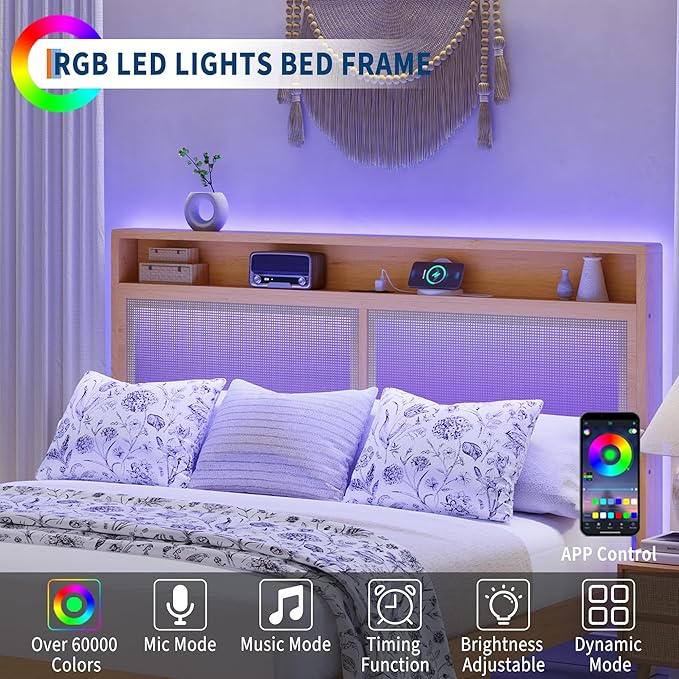 GAOMON Rattan Bed Frame Full Size with RGB LED Light &amp Charging Station Boho Rattan Full Bed Frame with 2 Tier Storage Headboard Sturdy Wooden Slats Support Under Bed Storage No Box Spring Nee