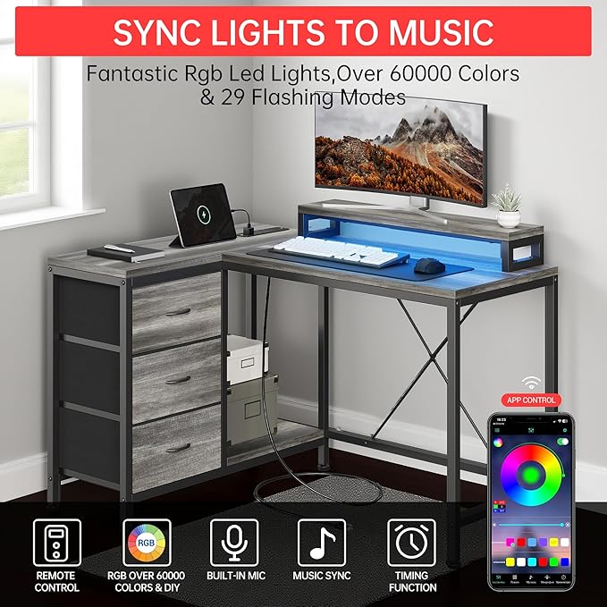 Hetoy L-Shaped Computer Desk with Charging Station – Corner Gaming Desk with LED Lights Drawers &amp Storage Shelves for Home Office Use Oak
