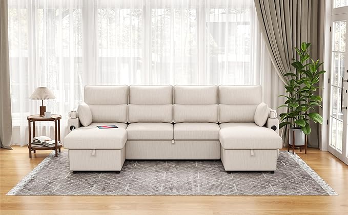 Sectional Sleeper Sofa with Pull Out Couch Bed with Storage Chaise for Living Room Comfy Linen Modular Sectional Sofa with Dual USB &amp Type-C Cup Holders (Beige 105 Inches)