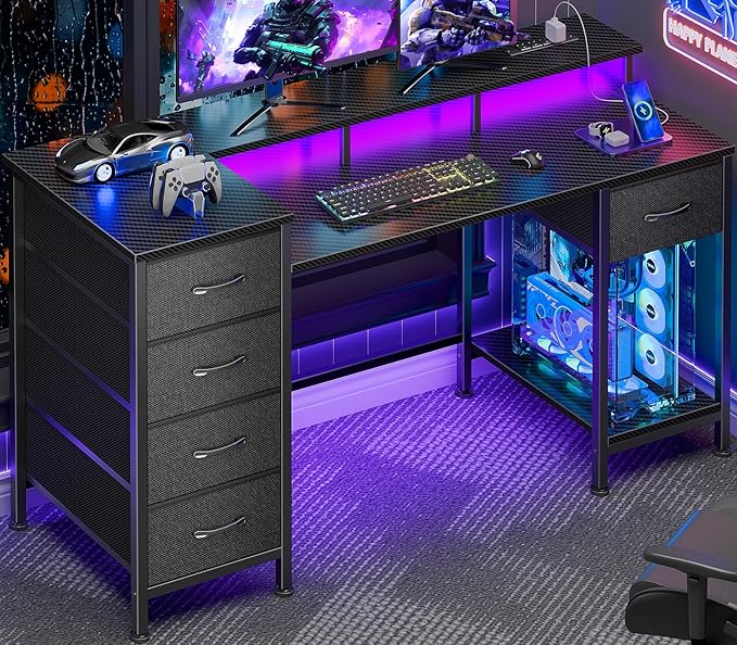 47 Inch Computer Gaming Desk with Power Outlets &amp LED Lights Reversible Home Office Desk with Adjustable 5 Fabric Storage Drawers for Working Writing Study Carbon Fiber Black