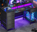 47 Inch Computer Gaming Desk with Power Outlets &amp LED Lights Reversible Home Office Desk with Adjustable 5 Fabric Storage Drawers for Working Writing Study Carbon Fiber Black