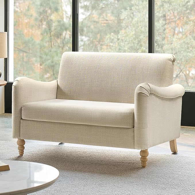 HULALA HOME 50.5 Loveseat Sofa with Solid Wood Spindle Legs 2 Seater Farmhouse Sofa with Rolled Wide Armrests Comfy Upholstered Small Couch for Living Room Bedroom Linen