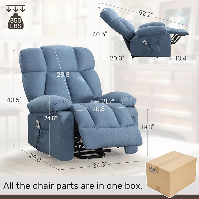 Power Lift Recliner Chair for Elderly Big and Tall Lift Chair with Massage and Heat for Living Room Fabric Electric Recliner Chairs with 4 Side Pockets USB Charge PortBlue