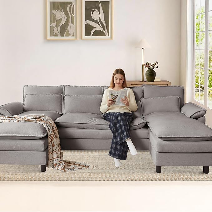 105 U Shaped Cloud Couch Sectional 4 Seat Home Sofa Living Room Comfy Couches with Storage Ottoman Double Layer Cushion Modular Sofas for Bedroom Apartment and Office Light Grey