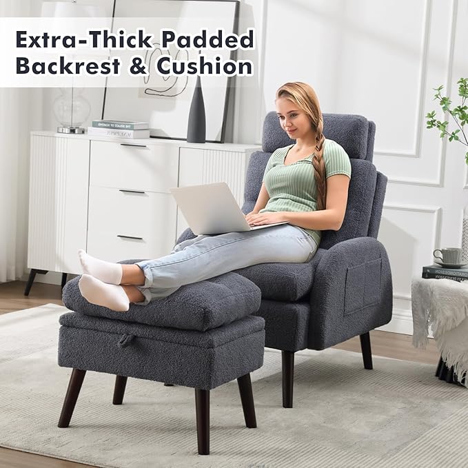 Accent Chair with Ottoman Comfy Reading Chair with Ottoman Set Modern Oversized Velvet Lounge Armchair with Adjustable Backrest for Living Room Bedroom (Teddy Blue Grey)