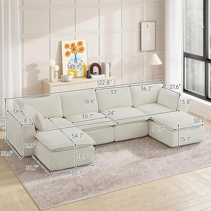 Oversized Cloud Sectional Couches 6 Seaters for Living Room Boneless U Shaped Couch with Ottomans 6 Seat Modular Sectional Sofa