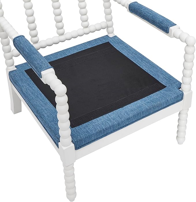 Roundhill Furniture Belvoir Upholstered Spool Accent Chair with Turned Wood Frame Denim Blue with White Finish