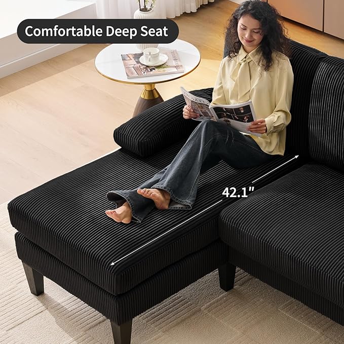 98 U Shaped Couch with 18 Seat Height Sectional Couches for Living Room 4 Seater Couch Set with Double Chaise for Apartment Living Room Sofas Corduroy Black