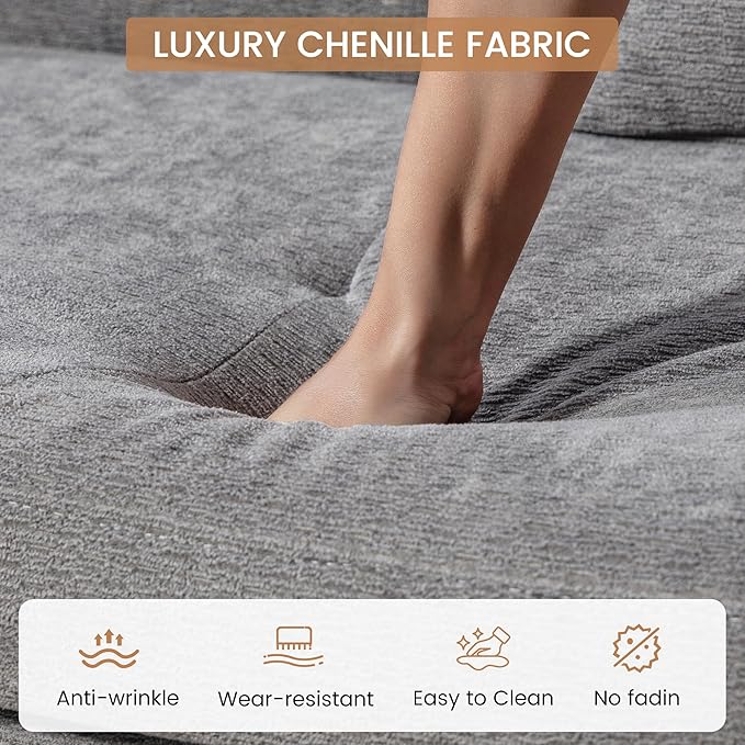 52 Convertible Sofa Bed 3-in-1 Sleeper Sofa with Pull-Out Bed Chenille Couch Folding Loveseat USB Ports &amp Adjustable Backrest Modern Loveseat for Living Room Apartment Grey