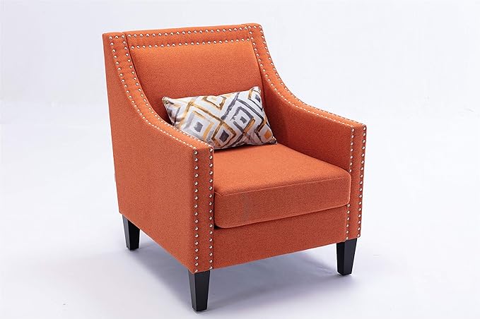 Accent Armchair Living Room Chair with Nailheads and Solid Wood Legs Orange Linen