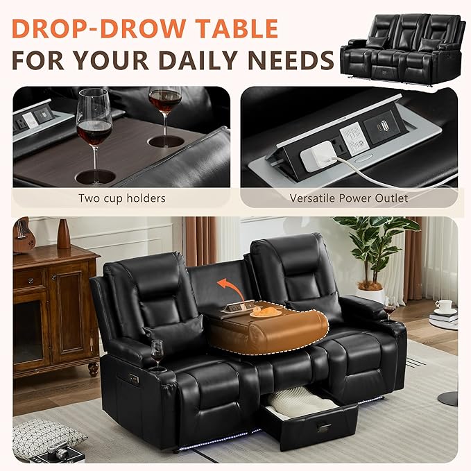Houjud Wall Hugger Power Recliner Sofa 3-Seater RV Couch Reclining Sofa with LED Lights USB Ports Cup Holders Side Pockets Outlets Drawer for Living Room and Home Theater PU Leather Black