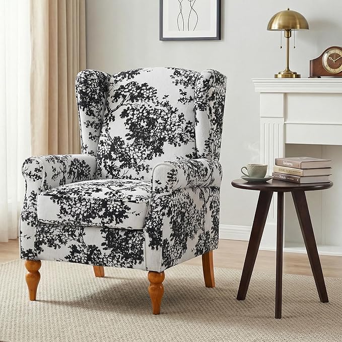 High Back Wingback Accent Chair Modern Upholstered Armchair Comfy Reading Chair with Solid Wood Legs for Living Room Bedroom Library Floral