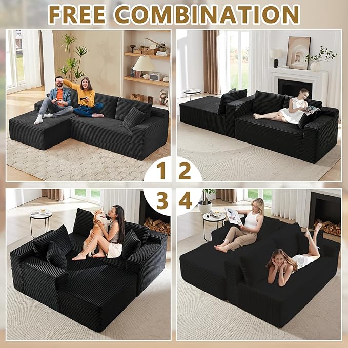 Minimalist Boneless Cloud Couches for Living Room Corduroy L Shaped Modular Sectional Sofa Couch W/Deep Seat &amp High-Back Comfy Memory Foam Couch Sofa in A Box (Black Left Facing Chaise)