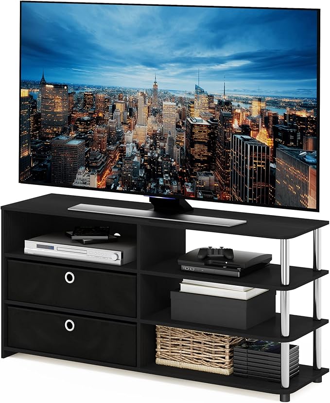 Furinno JAYA Simple Design TV Stand for up to 55-Inch with Bins Americano Stainless Steel Tubes