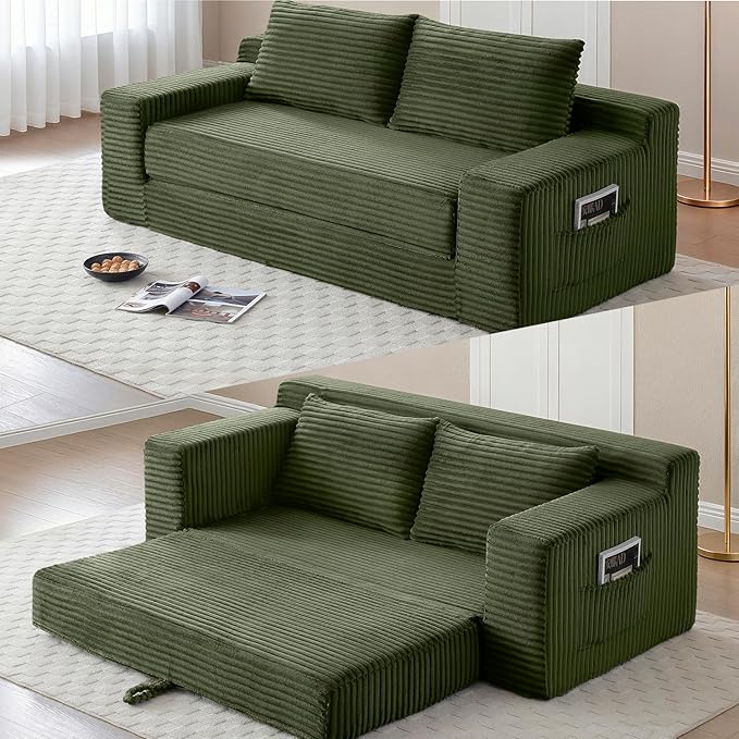 73 Memory Foam Cloud Loveseat Sofa 2 in 1 Convertible Folding Couch Bed Compressed Corduroy Floor Lounge Sofa No Assembly for Apartment Office Bedroom Living Room (Green)