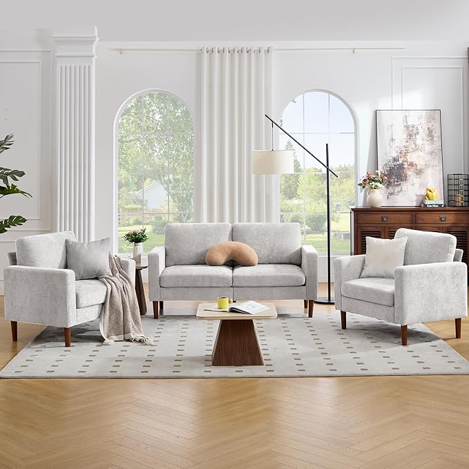 Kingfun 65 Loveseat Sofa with 2 Chair Chenille Love Seat Couch Mid Century Modern Couch with Solid Wooden Frame for Living Room &amp Bedroom in Small Spaces Grey