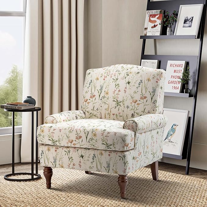 HULALA HOME Floral Spring Accent Chair Set of 2 for Bedroom | Wood Legs Upholstered | Modern Retro Comfy Removable Cushion