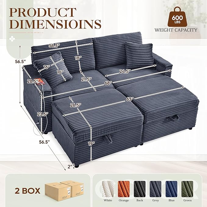 68 Cloud Loveseat with Ottoman Set USB Ports &amp Storage Wooden Side Table Comfy Plush Corduroy Upholstered Love Seat Modern Oversized Deep Seated Grey Sectional for Living Room Grey