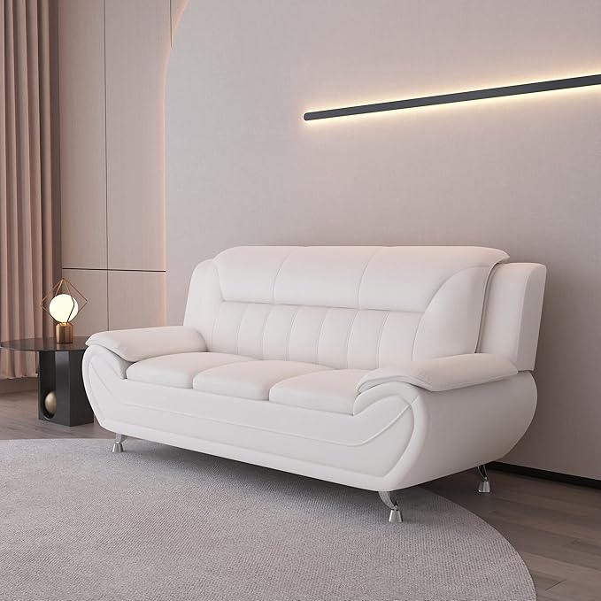 Michael Modern Faux Leather Upholstered Stainless Steel Legs Living Room Sofa Cream White