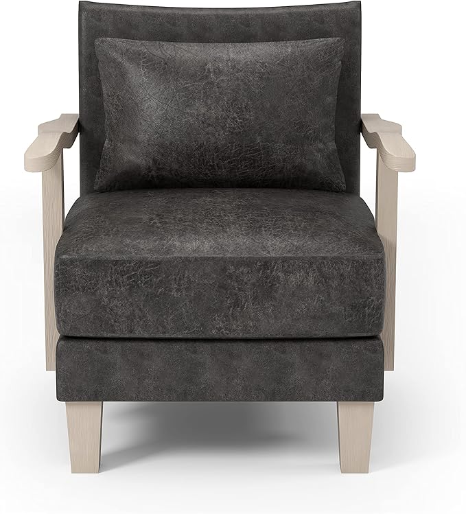HOMES: Inside + Out Turney Faux Leather Upholstered Arm Chair with Pillow Back and Wooden Arm for Living Room Bedroom Light Gray