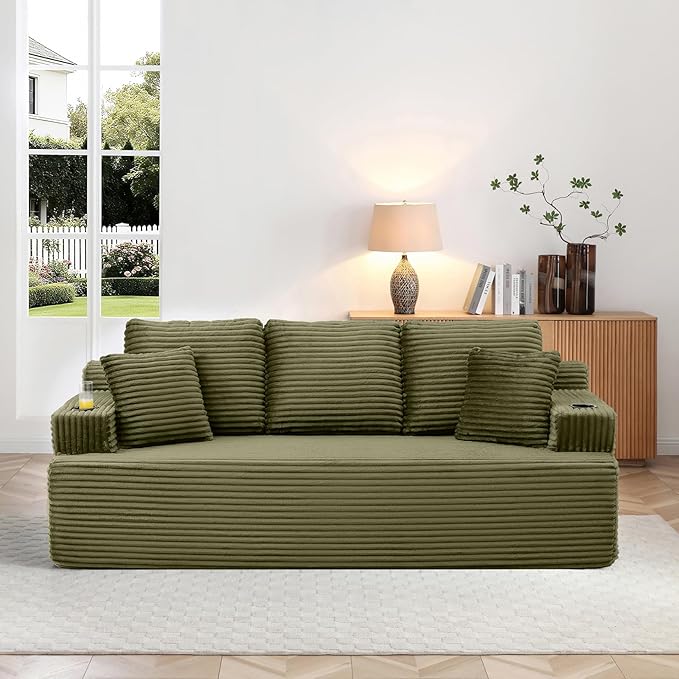 3-Seater Sofa Cloud Boneless Couch Corduroy Upholstered Deep Seat Beanbag Sofa Chair with Cup Holder &ampSide Pocket Modern Comfy Compression Memory Foam Couch for Living Room Bedroom(86.2 W Gre