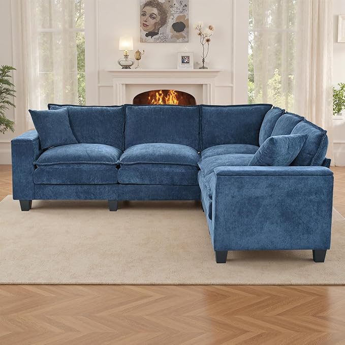 97 L Shaped Couch Corner Sofa 5 Seater Oversized Cloud Couch with 2 Pillows Chenille Modular Sectional Sofa Armrests with Two Hidden Storage Space Sectional Couches for Living Room Dark Blue
