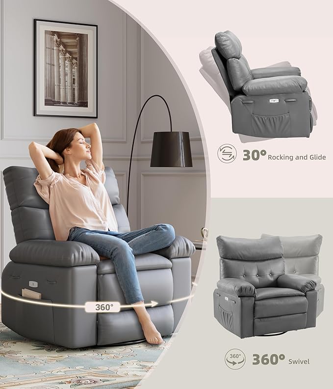 27'' Oversized Rocker Recliner Chair PU Leather 360° Manual Rocker Swivel Recliner for Adults Lazy Chair with 1.5X Sponge Comfort Arm and Back for Living Room Bedroom