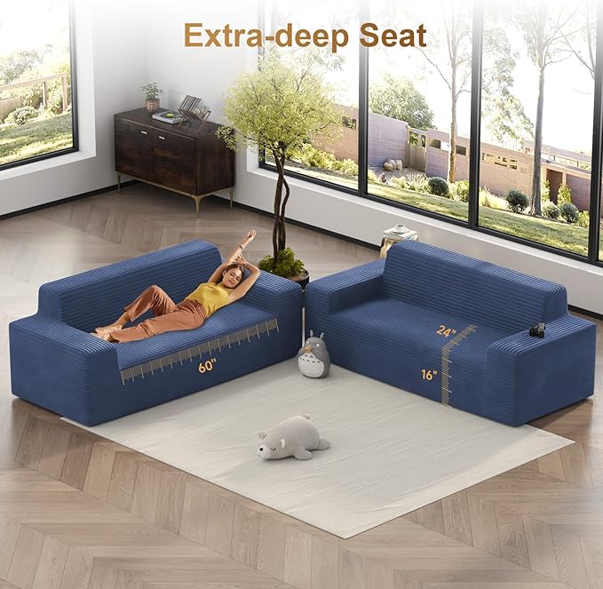Vivvadecor 79 Corduroy Floor Foam Sofa Sofa-in-a-Box Modern 3-Seater Couch with 24 Deep Seat No Assembly Needed Sofas for Compact Living Room Apartment Home Office Navy Blue